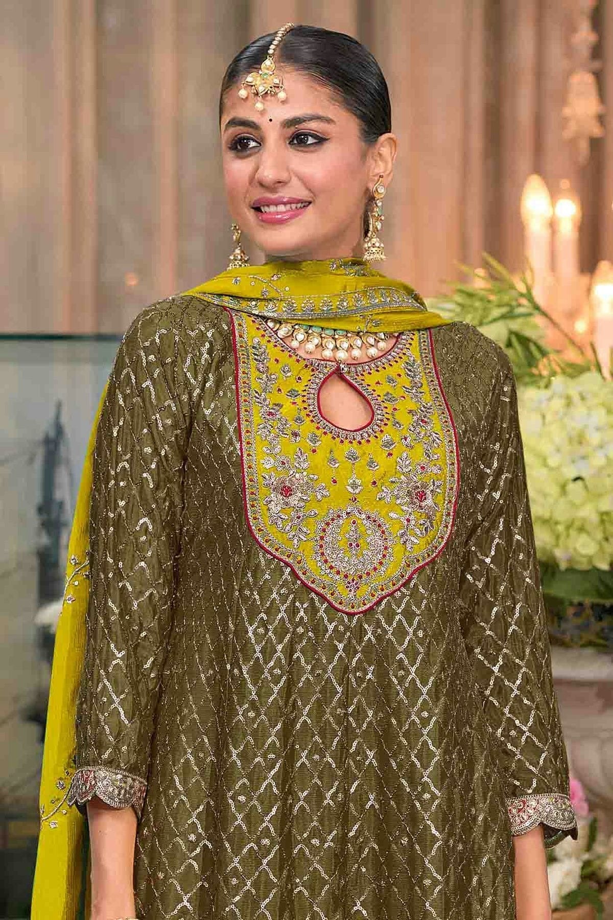 Mehendi Green Colour Chinon Stitched Patiala Suit SS1140965 A