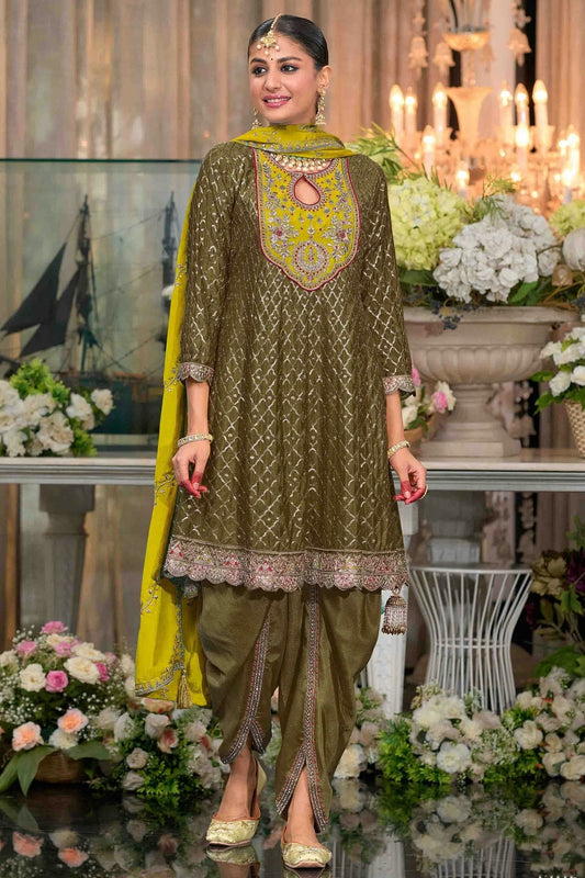 Mehendi Green Colour Chinon Stitched Patiala Suit SS1140965