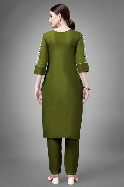 Mehendi Green Colour Cotton Blend Kurta And Pant Set KR1111327 A