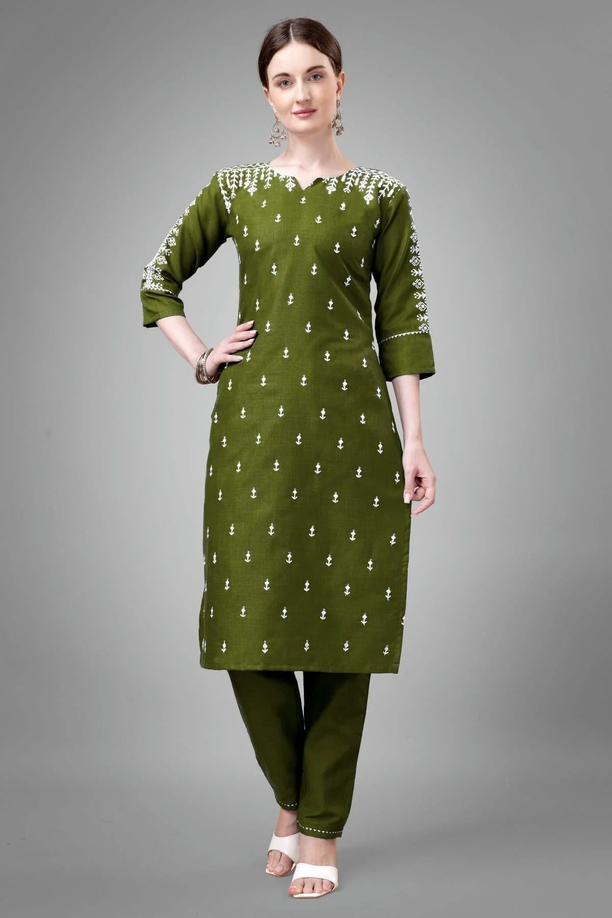 Mehendi Green Colour Cotton Blend Kurta And Pant Set KR1111327