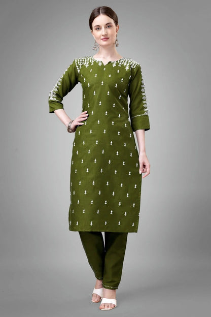 Mehendi Green Colour Cotton Blend Kurta And Pant Set KR1111327