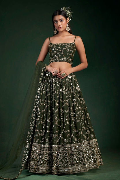Mehendi Green Colour Embroidery Georgette Lehenga Choli LD1080797