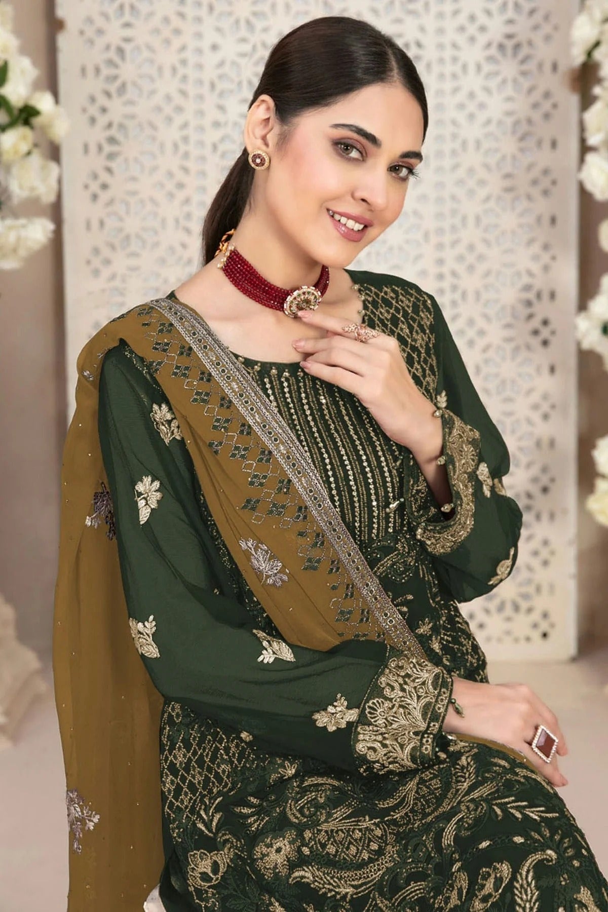 Mehendi Green Colour Faux Georgette Pakistani Suit SM1140054 A