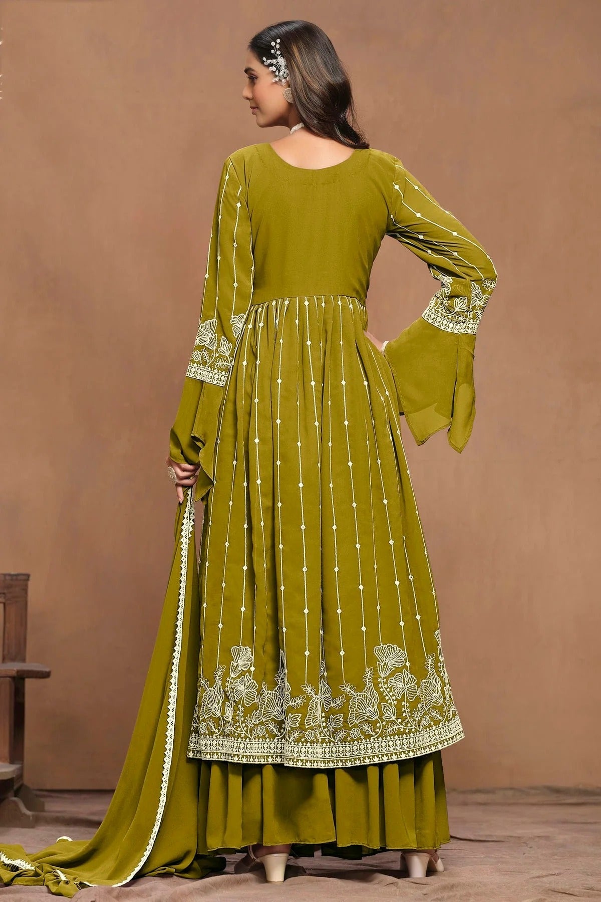 Mehendi Green Colour Faux Georgette Semi Stitched Sharara Suit SM1050596 A
