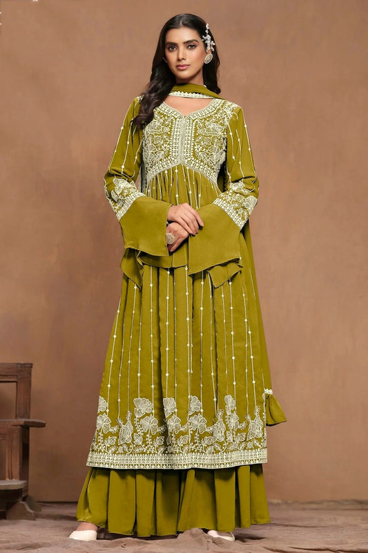 Mehendi Green Colour Faux Georgette Semi Stitched Sharara Suit SM1050596