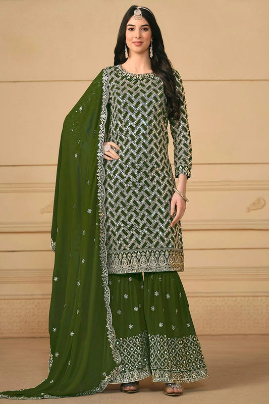 Mehendi Green Colour Faux Georgette Sharara Suit SM1110585