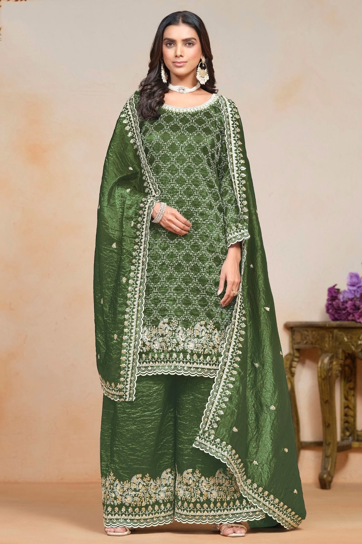 Mehendi Green Colour Gold Crush Semi Stitched Palazzo Pant Suit SM1050616 A