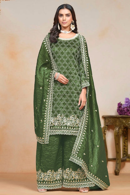 Mehendi Green Colour Gold Crush Semi Stitched Palazzo Pant Suit SM1050616 A