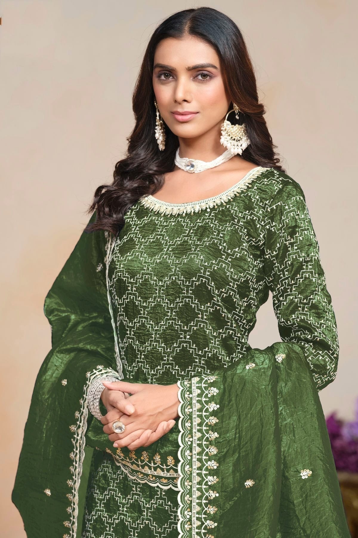 Mehendi Green Colour Gold Crush Semi Stitched Palazzo Pant Suit SM1050616 B