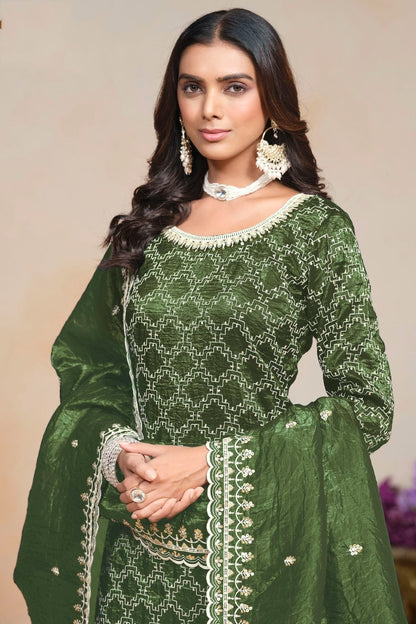 Mehendi Green Colour Gold Crush Semi Stitched Palazzo Pant Suit SM1050616 B
