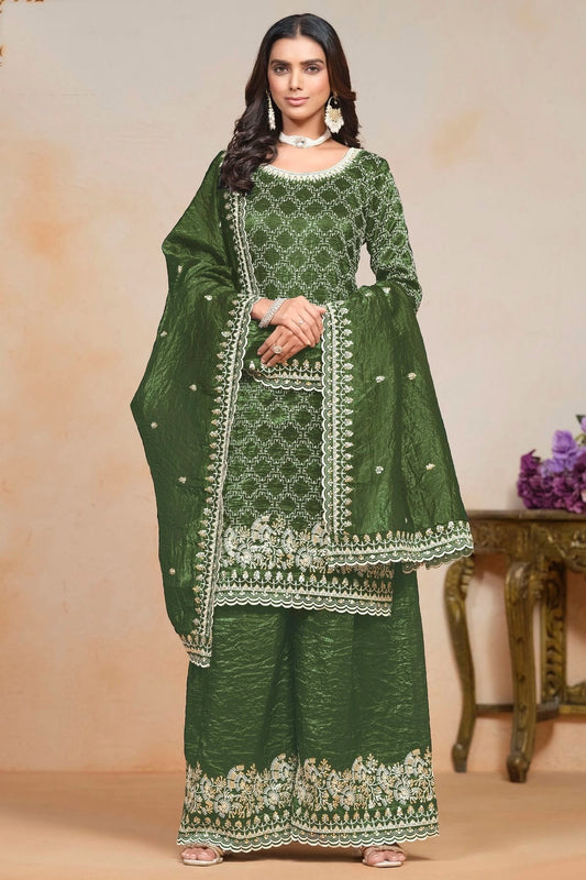 Mehendi Green Colour Gold Crush Semi Stitched Palazzo Pant Suit SM1050616