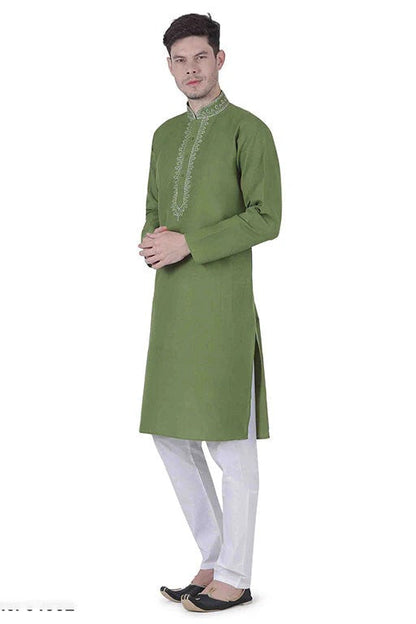 Mehendi Green Colour Kurta Pajama In Linen Texture Cotton KP1210144 A