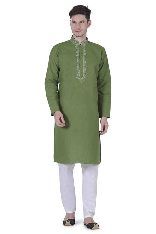 Mehendi Green Colour Kurta Pajama In Linen Texture Cotton KP1210144
