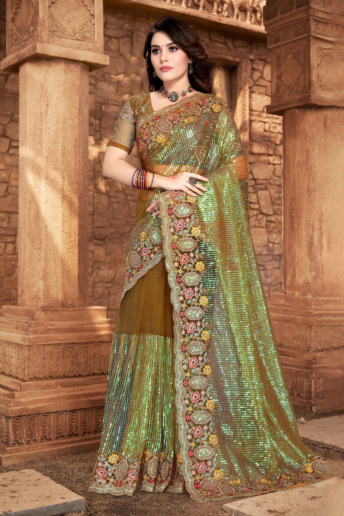 Mehendi Green Colour Net Designer Saree LC1121331