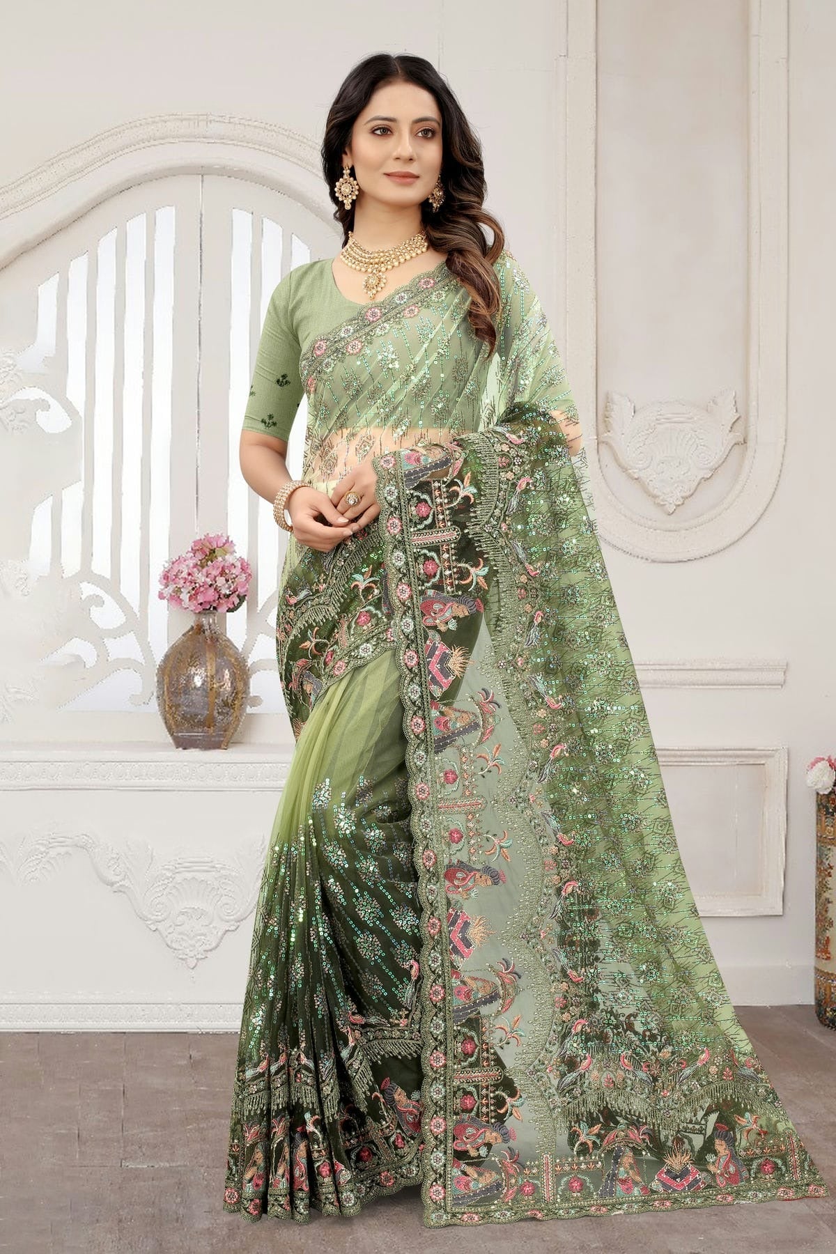 Mehendi Green Colour Net Designer Saree LC1121365