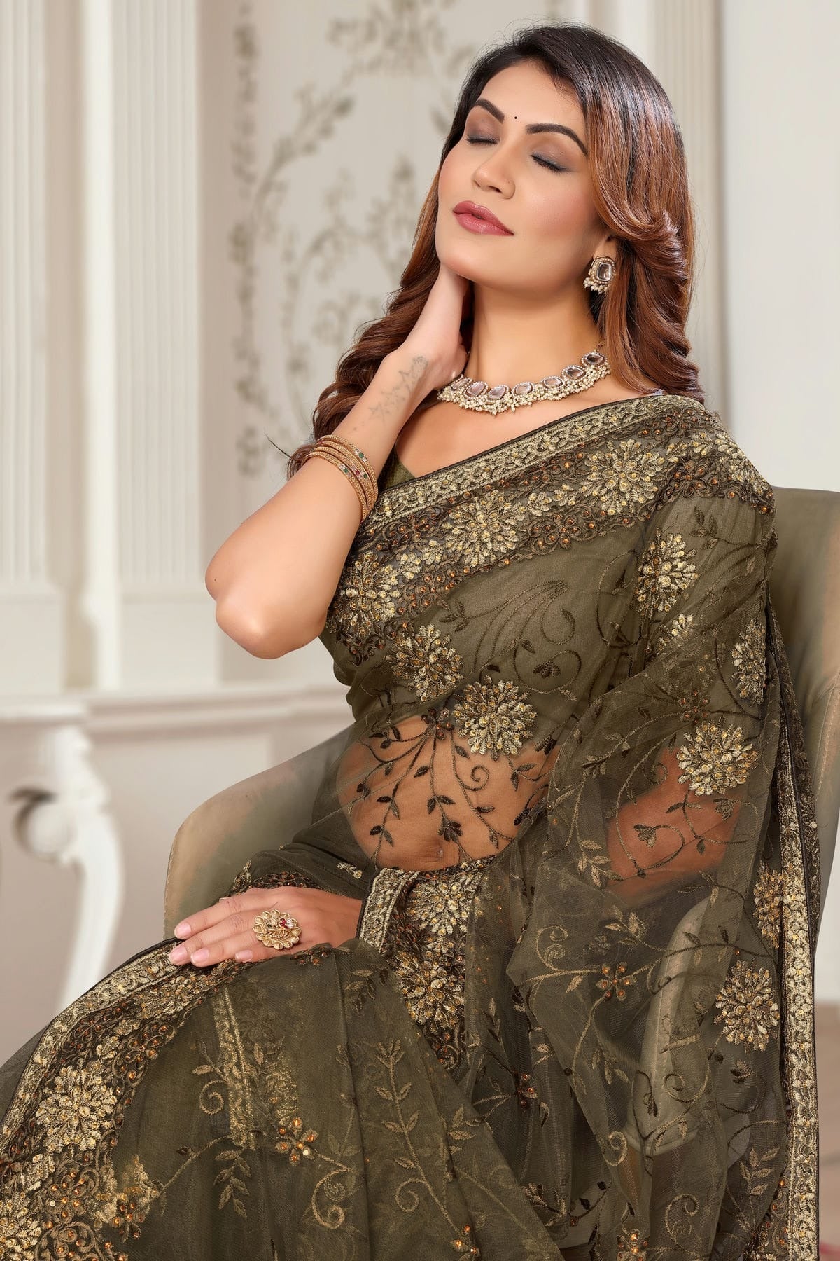 Mehendi Green Colour Net Designer Saree SD1091076 A