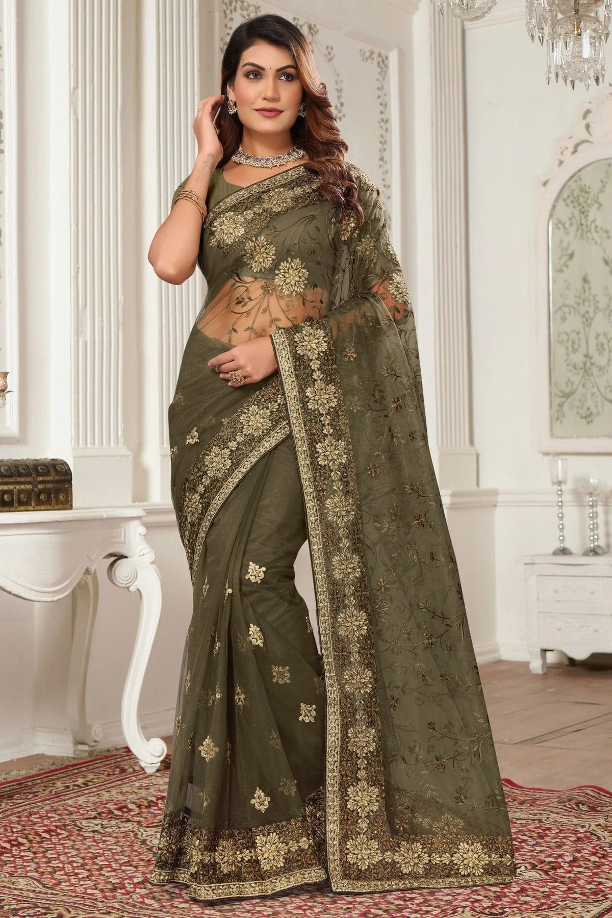 Mehendi Green Colour Net Designer Saree SD1091076