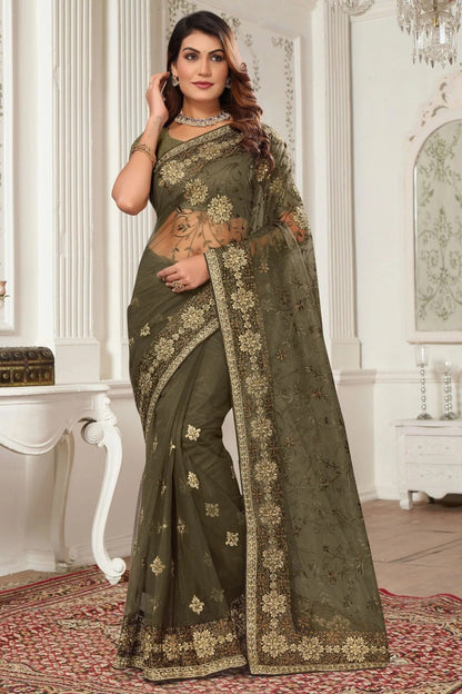 Mehendi Green Colour Net Designer Saree SD1091076