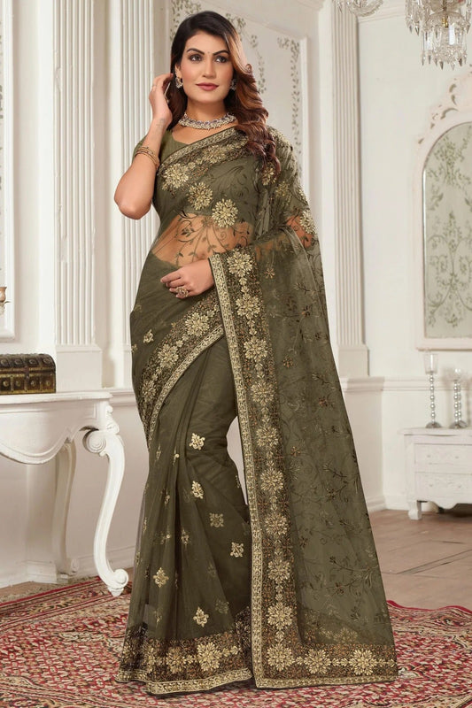 Mehendi Green Colour Net Designer Saree SD1091076