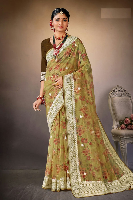 Mehendi Green Colour Organza Printed Saree LC1121569