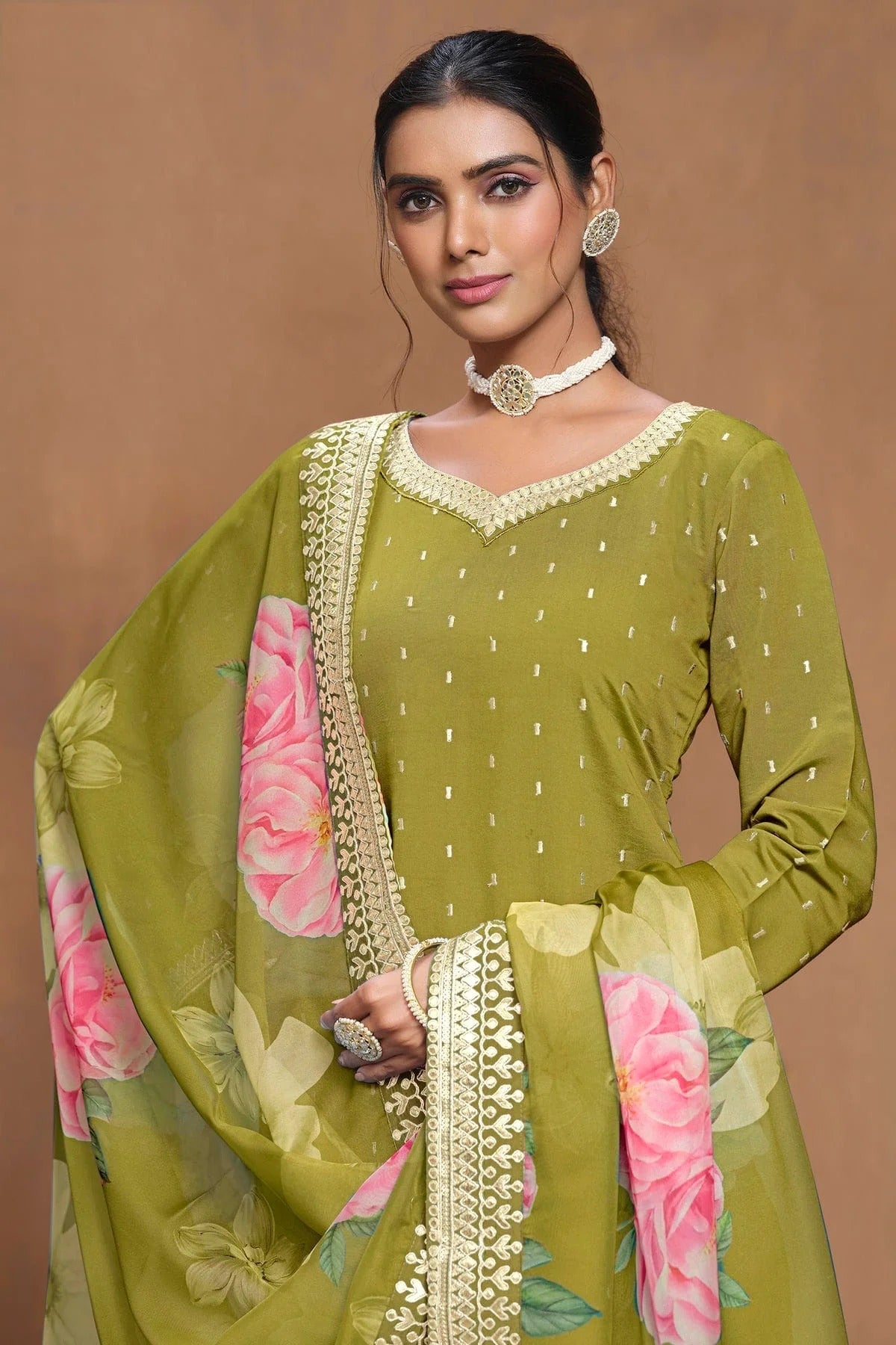 Mehendi Green Colour Roman Silk Sharara Suit SM1050566 A