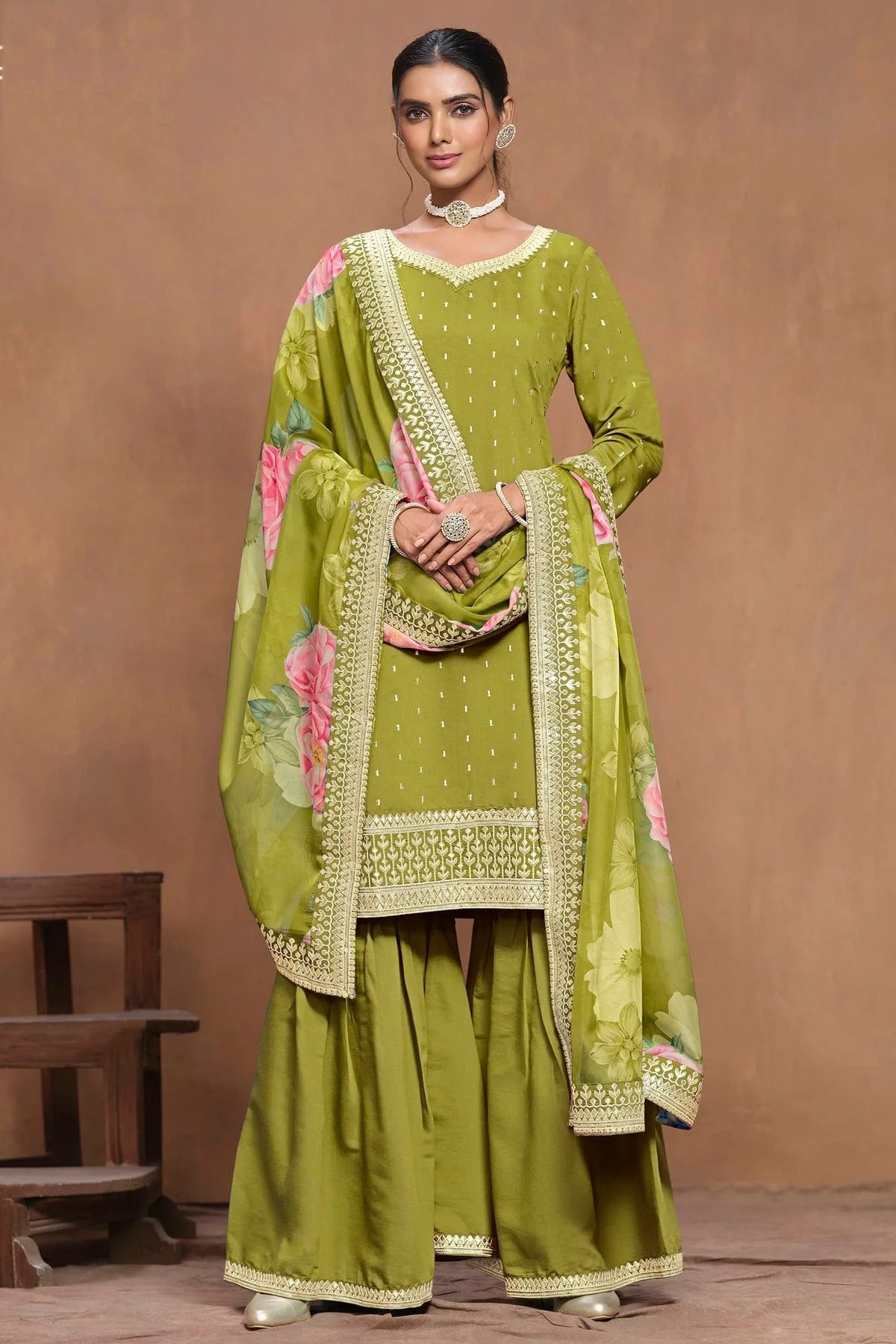 Mehendi Green Colour Roman Silk Sharara Suit SM1050566