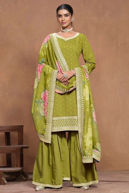Mehendi Green Colour Roman Silk Sharara Suit SM1050566