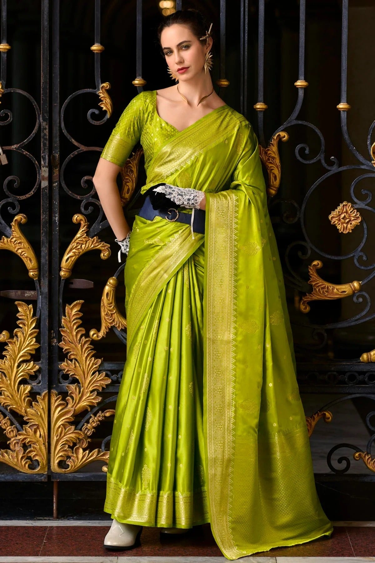 Mehendi Green Colour Satin Munga Silk Woven Work Saree SD1290066