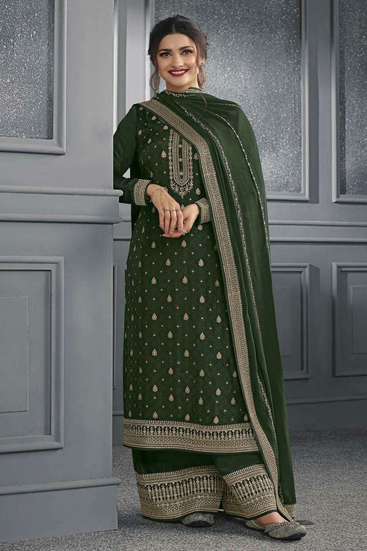 Mehendi Green Colour Semi Stitched Dola Jacquard Silk Palazzo Pant Suit SM1140205