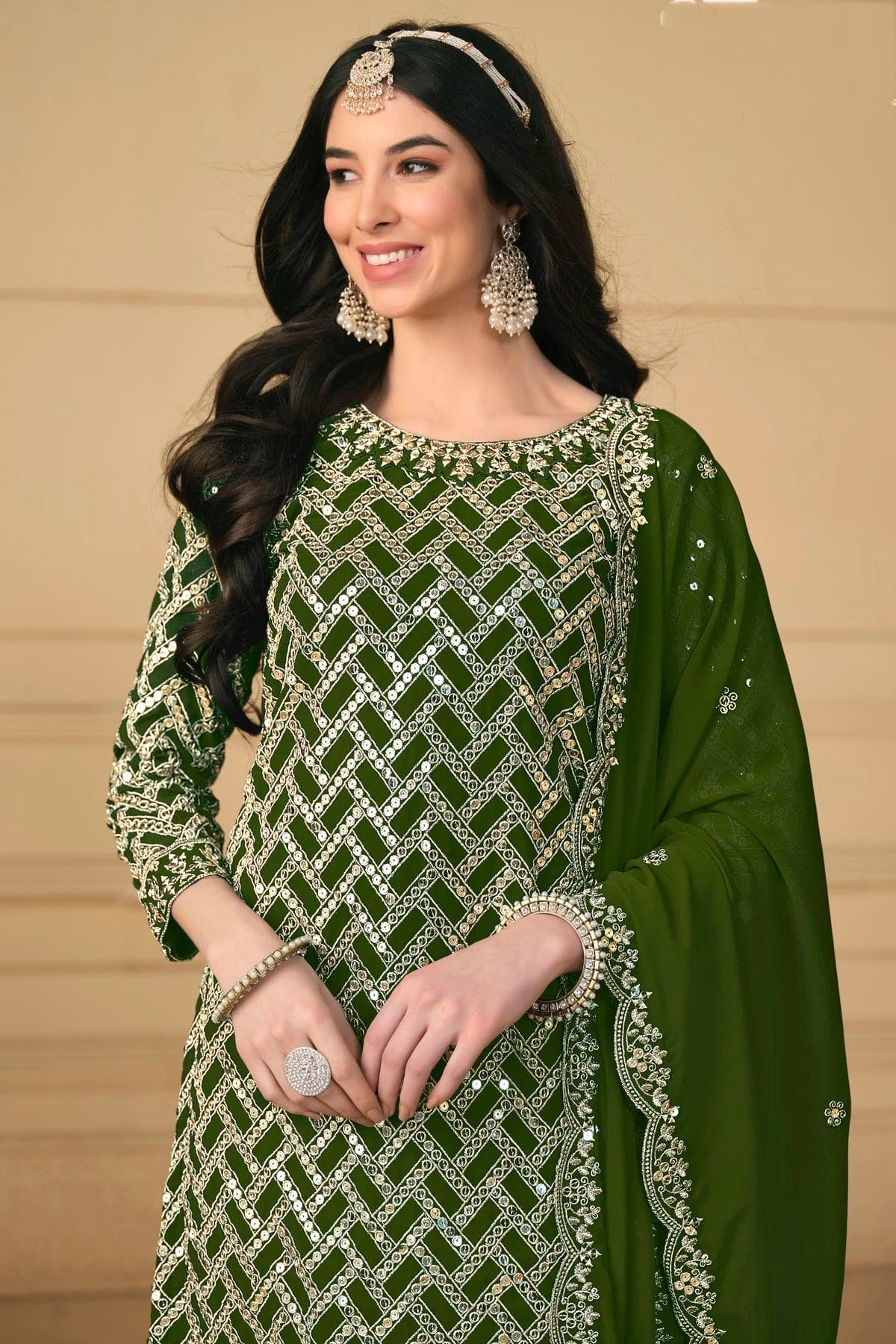 Mehendi Green Colour Semi Stitched Faux Georgette Sharara Suit SM1050476 A
