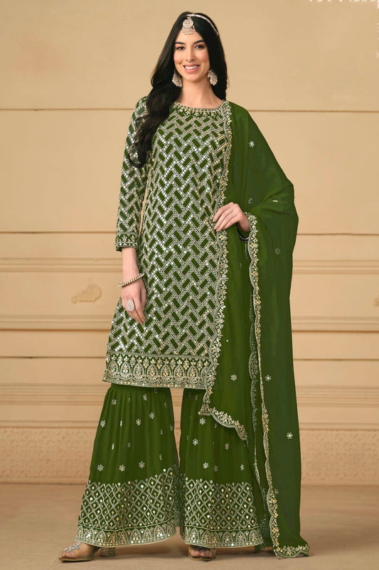 Mehendi Green Colour Semi Stitched Faux Georgette Sharara Suit SM1050476