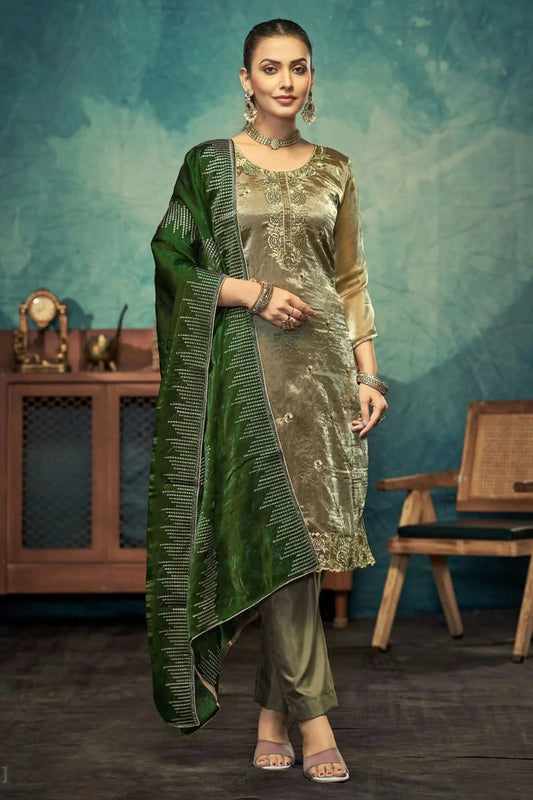 Mehendi Green Colour Semi Stitched Jimmy Choo Pant Style Suit SM1140507
