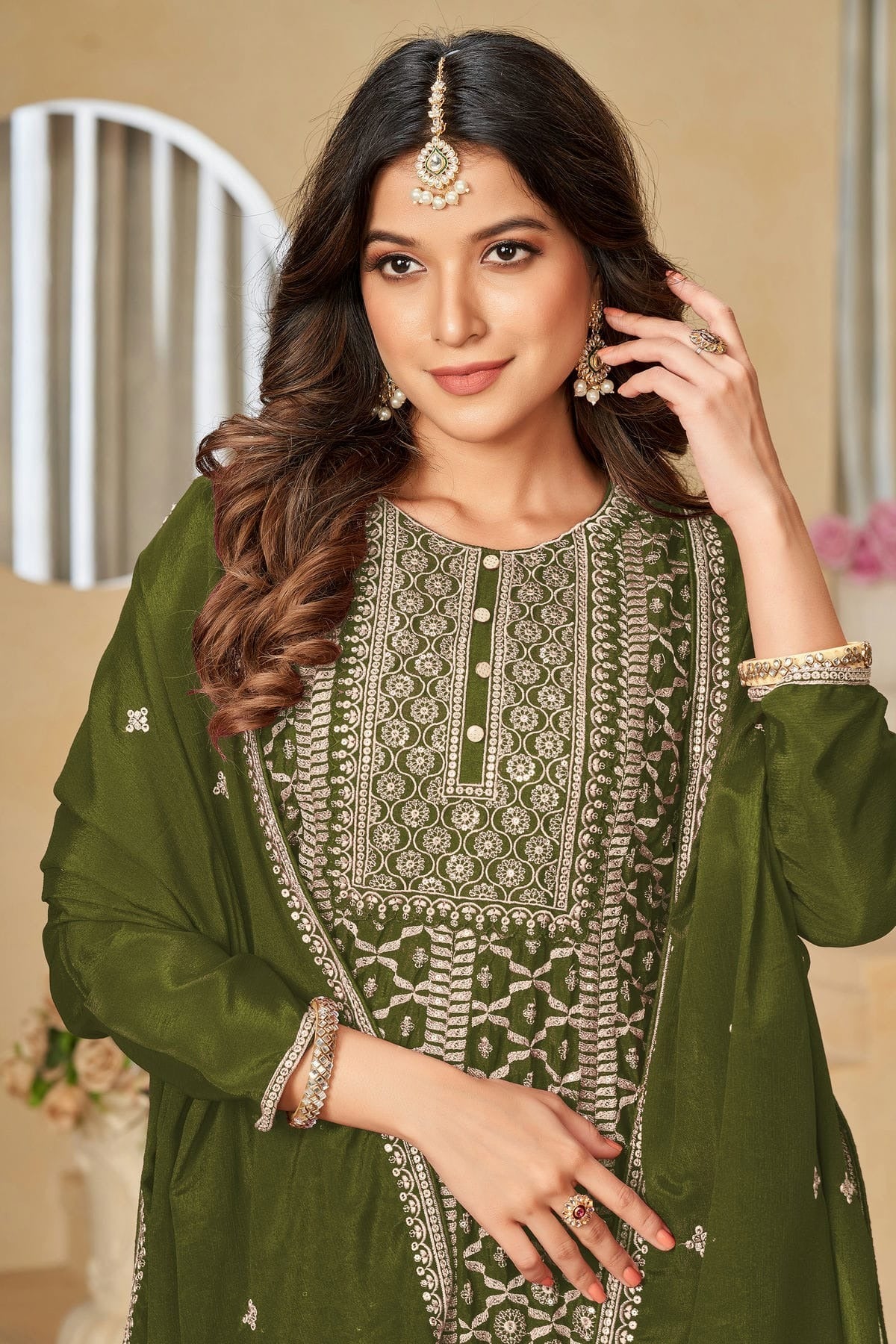 Mehendi Green Colour Sharara Suit Chinon Semi Stitched SM1050503 A
