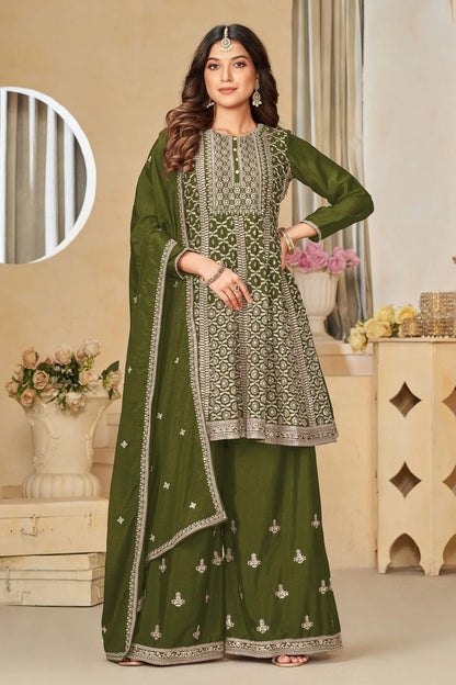 Mehendi Green Colour Sharara Suit Chinon Semi Stitched SM1050503
