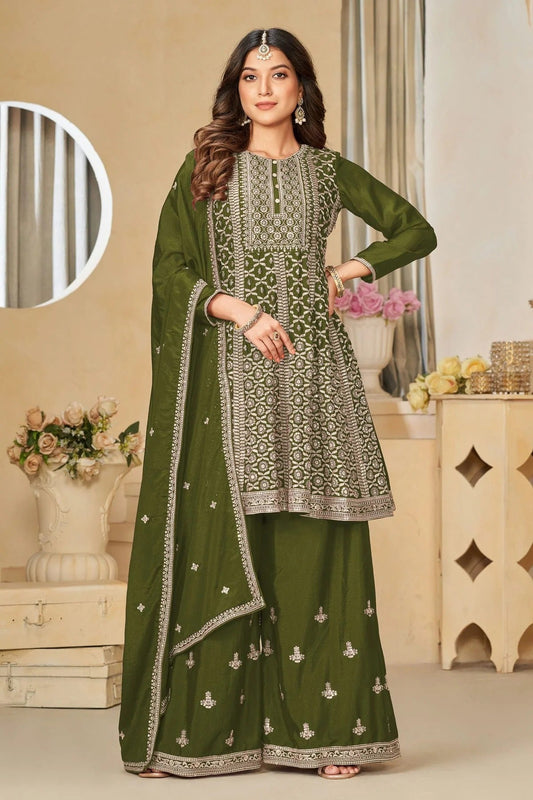 Mehendi Green Colour Sharara Suit Chinon Semi Stitched SM1050503
