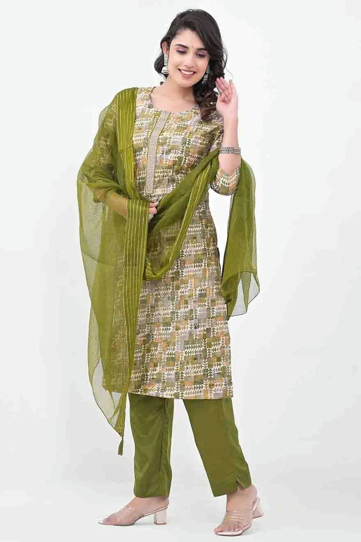 Mehendi Green Colour Silk Stitched Pant Style Suit SS1140731