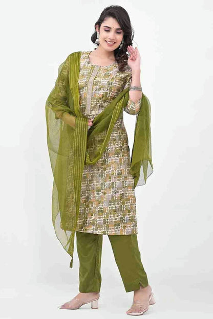 Mehendi Green Colour Silk Stitched Pant Style Suit SS1140731