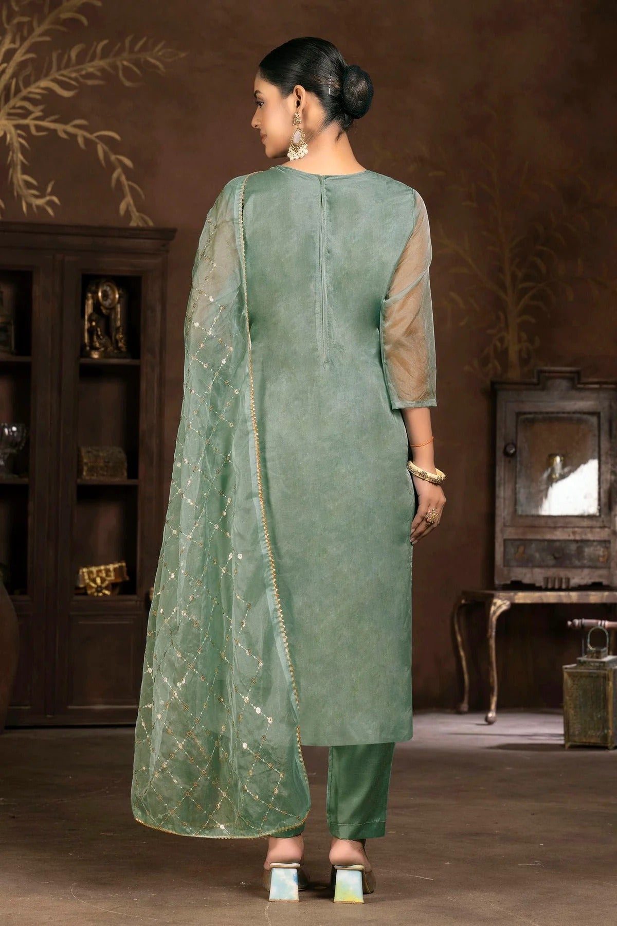Mehendi Green Colour Unstitched Pure Organza Pant Style Suit US1161353 A