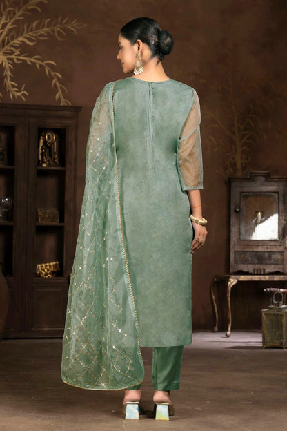 Mehendi Green Colour Unstitched Pure Organza Pant Style Suit US1161353 A