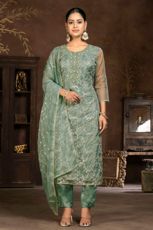 Mehendi Green Colour Unstitched Pure Organza Pant Style Suit US1161353