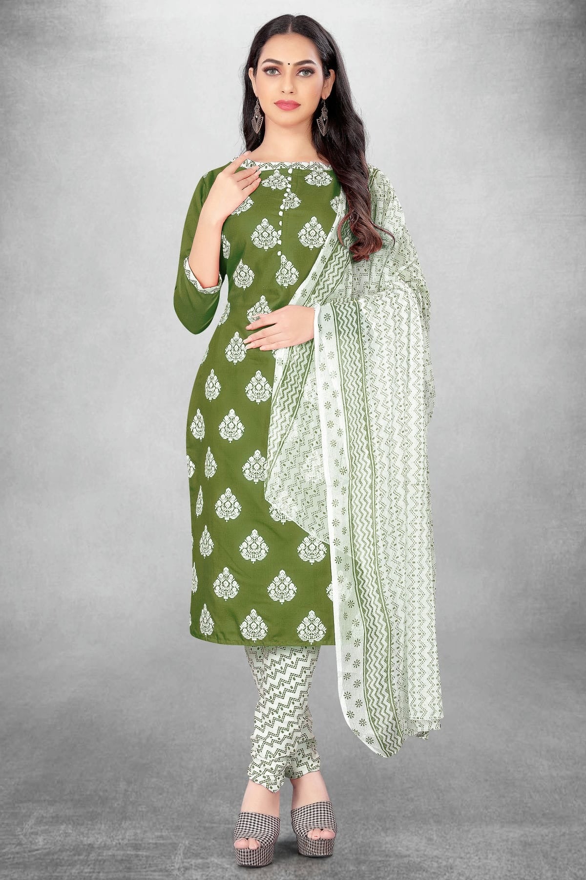 Mehendi Green Colour Unstitched Slub Cotton Churidar Suit US1160763