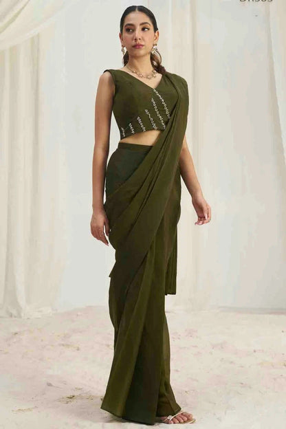 Mehendi Green Organza Hand Work Ready To Wear Saree SD1080979 A