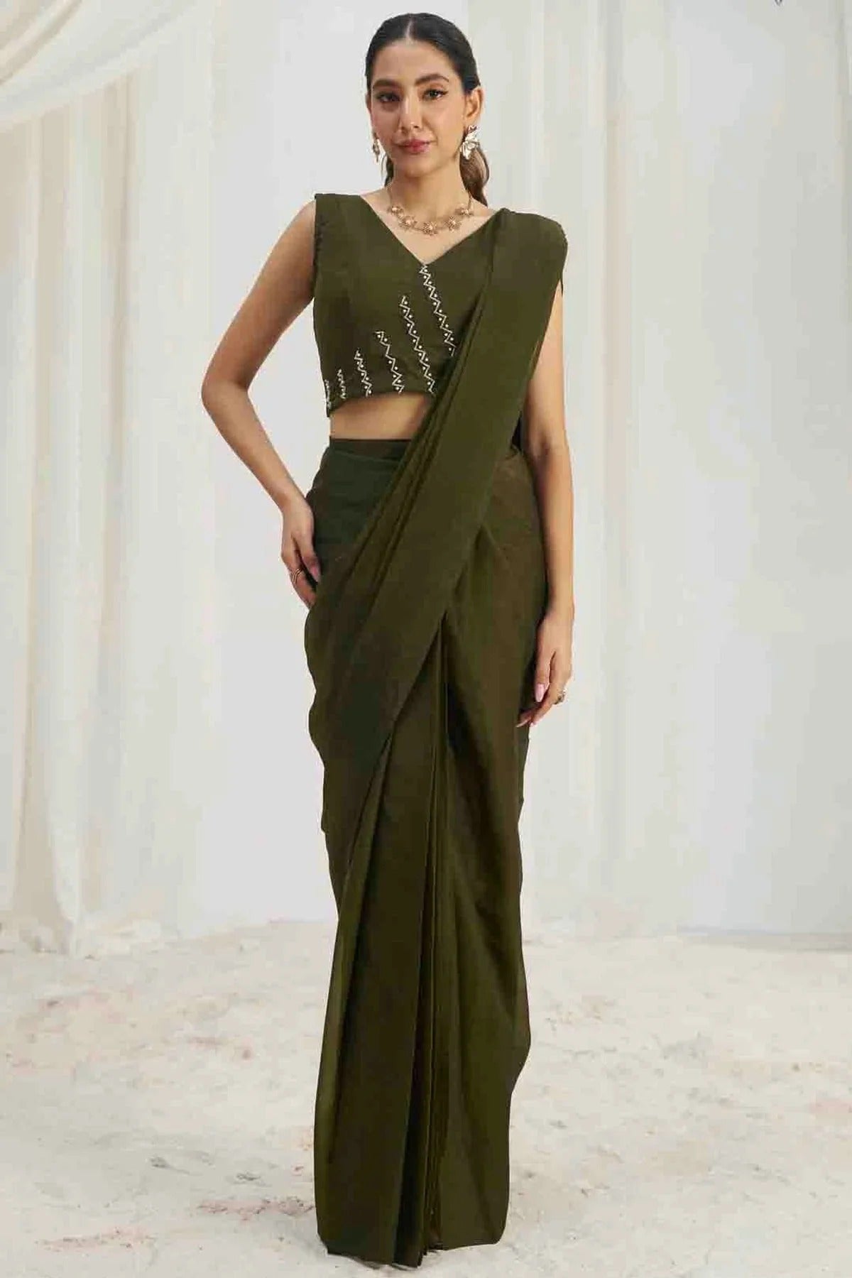 Mehendi Green Organza Hand Work Ready To Wear Saree SD1080979