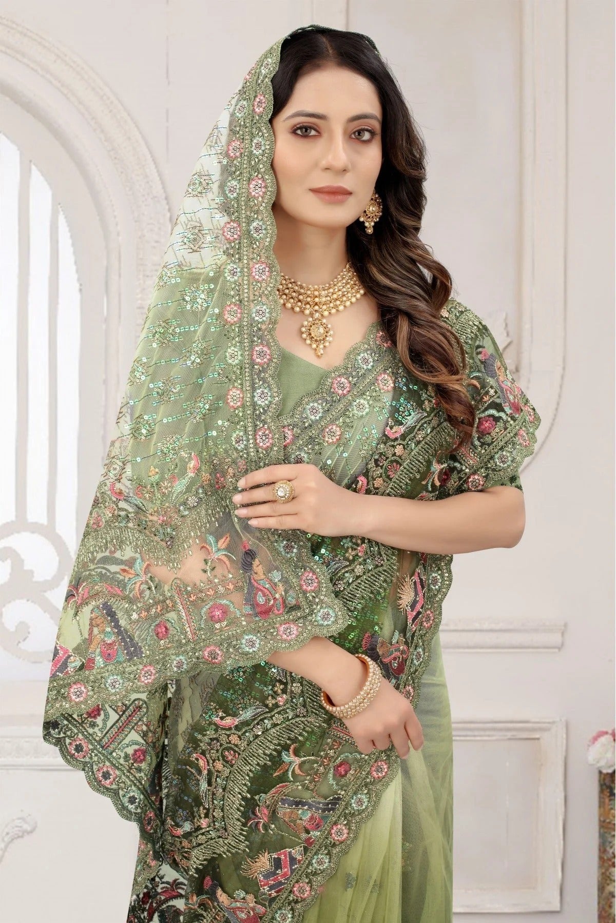 Mehendi and Green Colour Net Embroidery Saree SD1120888 A