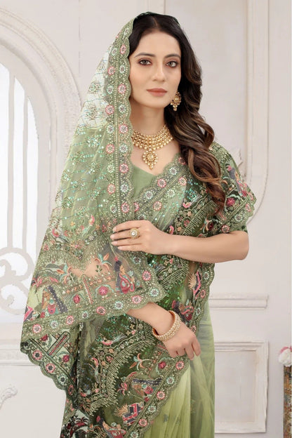 Mehendi and Green Colour Net Embroidery Saree SD1120888 A