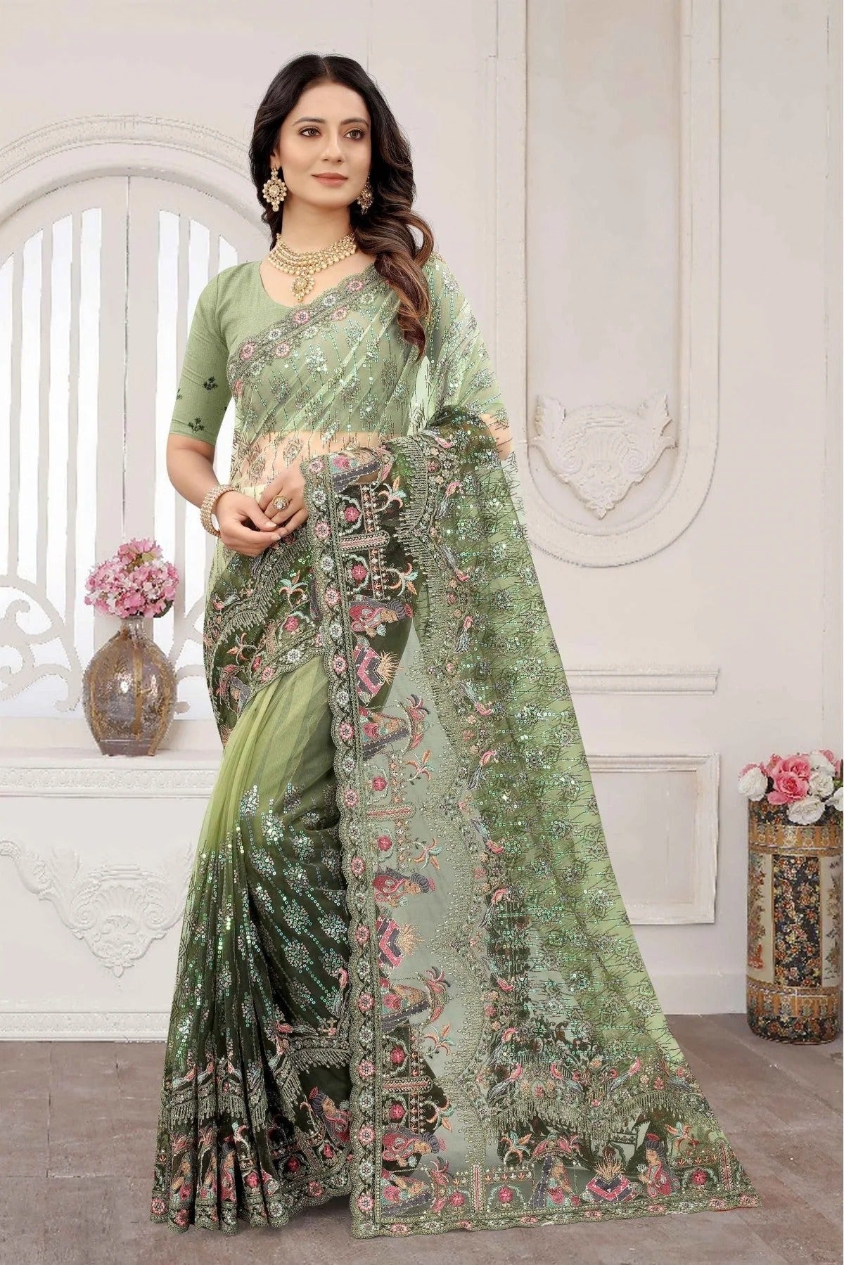 Mehendi and Green Colour Net Embroidery Saree SD1120888