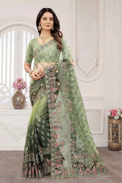 Mehendi and Green Colour Net Embroidery Saree SD1120888