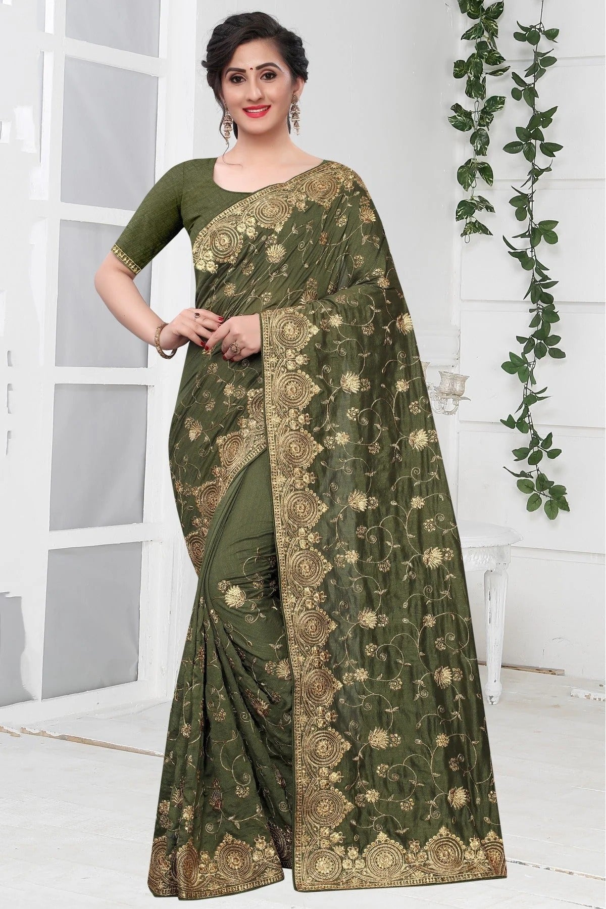Mehendi and Green Colour Vichitra Silk Designer Saree SD1090120