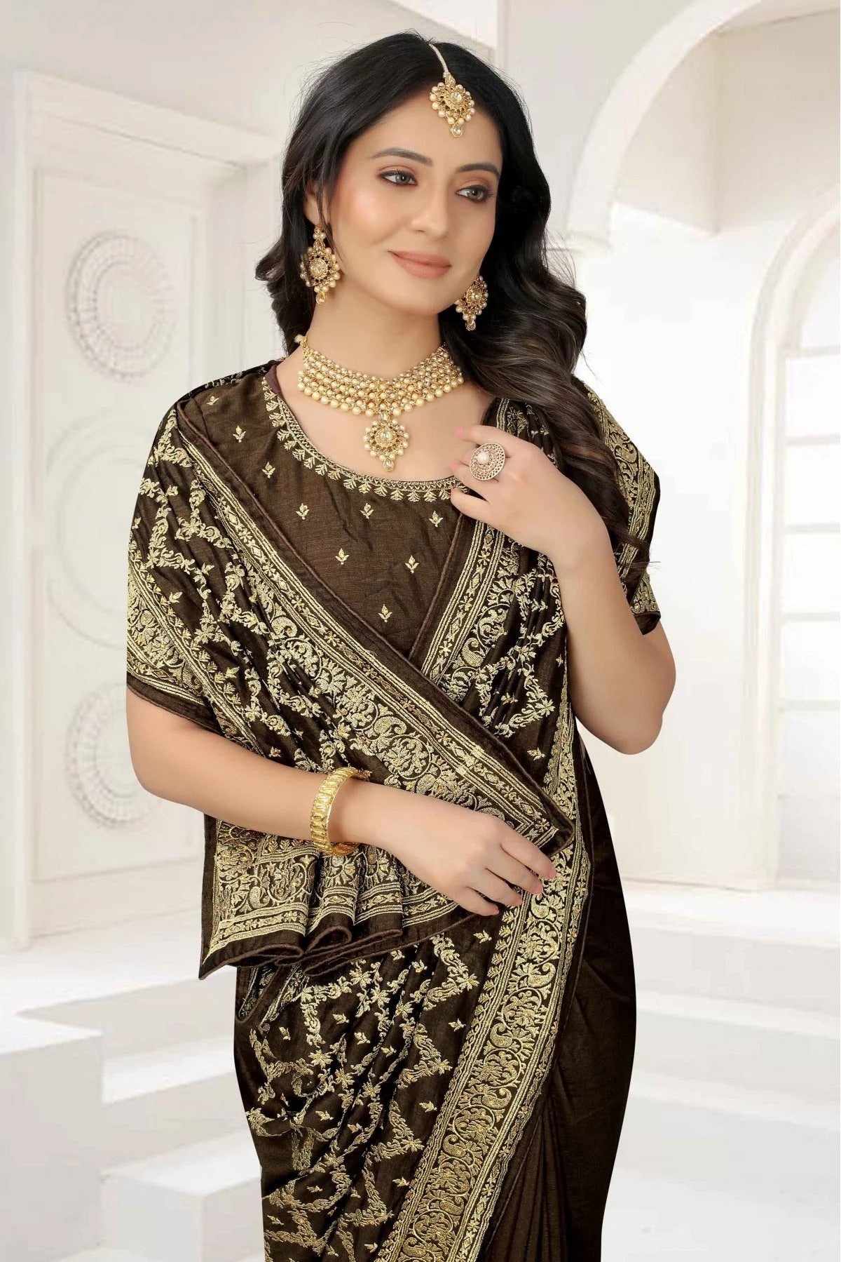 Mehendi and Green Colour Vichitra Silk Embroidery Saree SD1120954 A