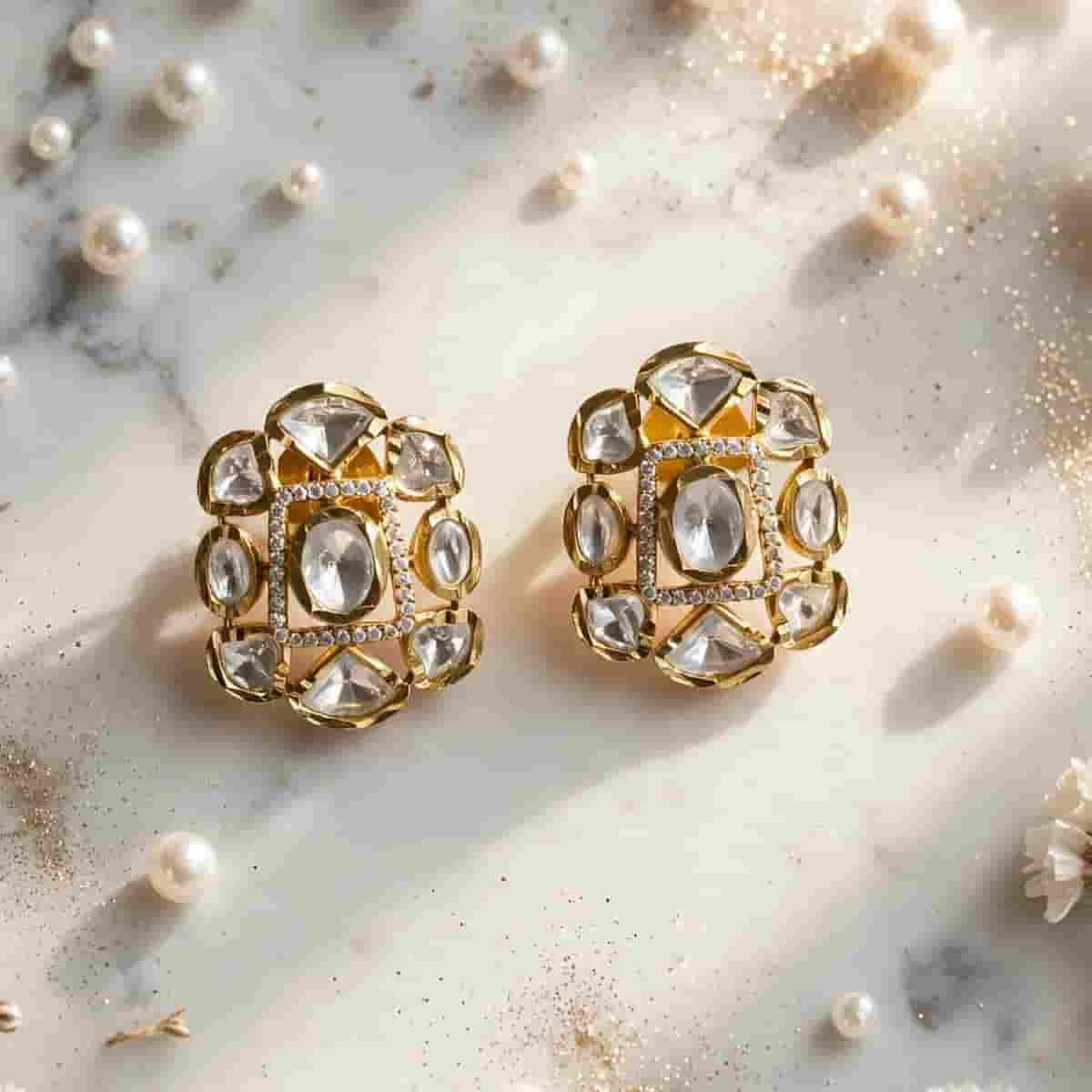 Micro Gold Plated Kundan Style Stud Earrings with Clear Stone Detailing